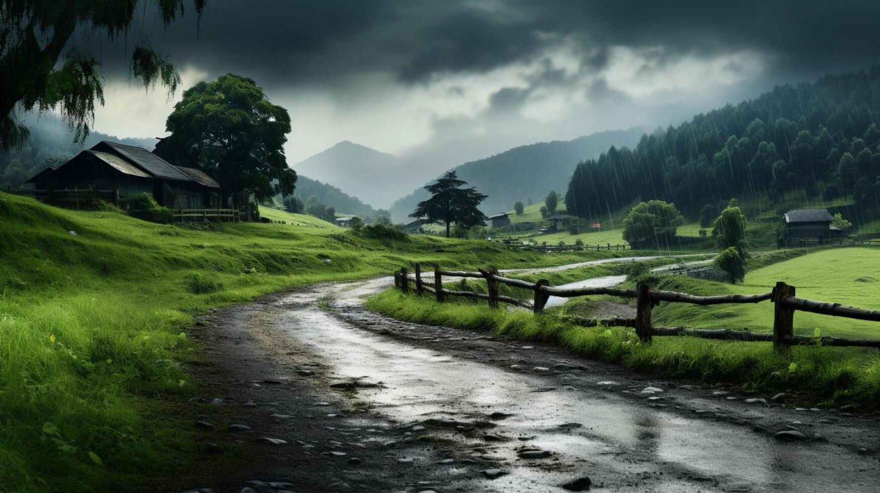 AI generated Rainy Countryside Background photo