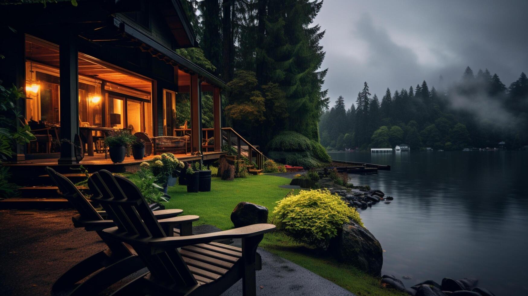 AI generated Rainy Lakeside Retreat Background photo