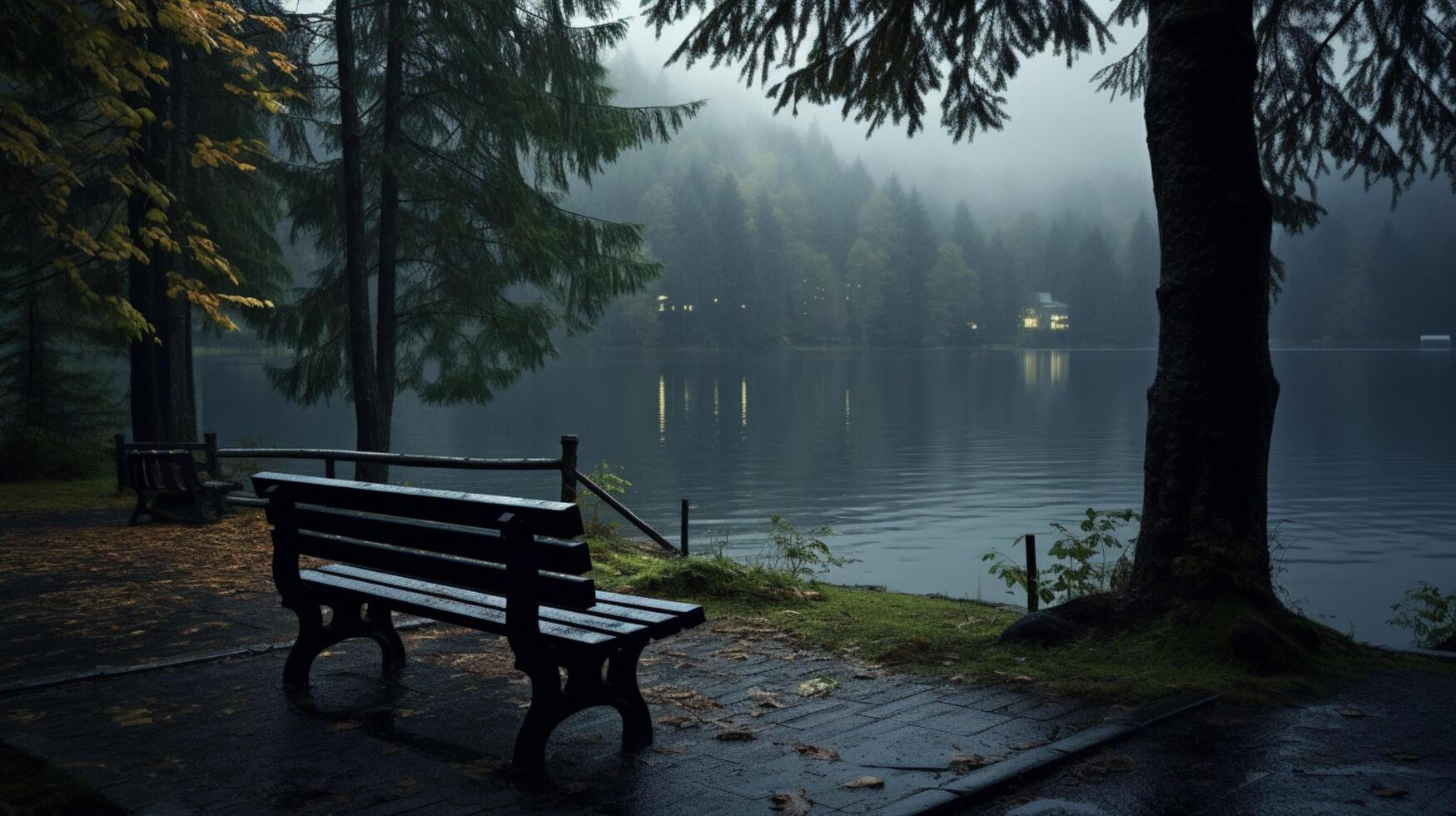 AI generated Rainy Lakeside Serenity Background photo