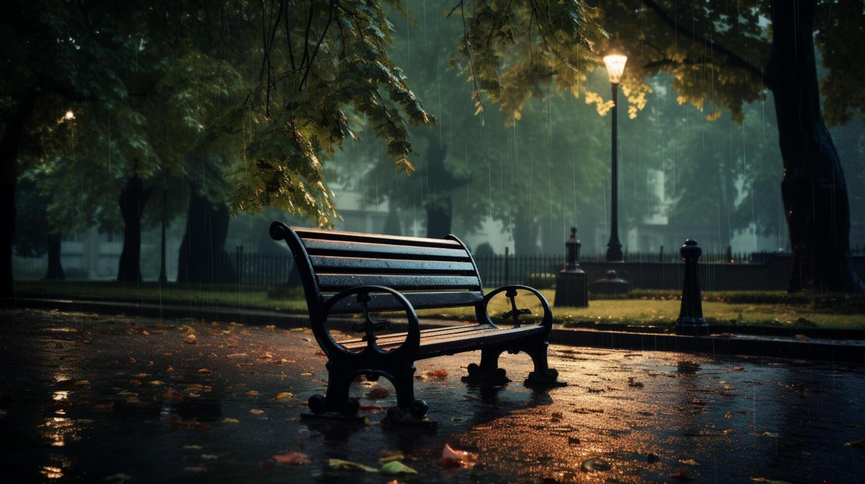 AI generated Rainy Park Bench Background photo