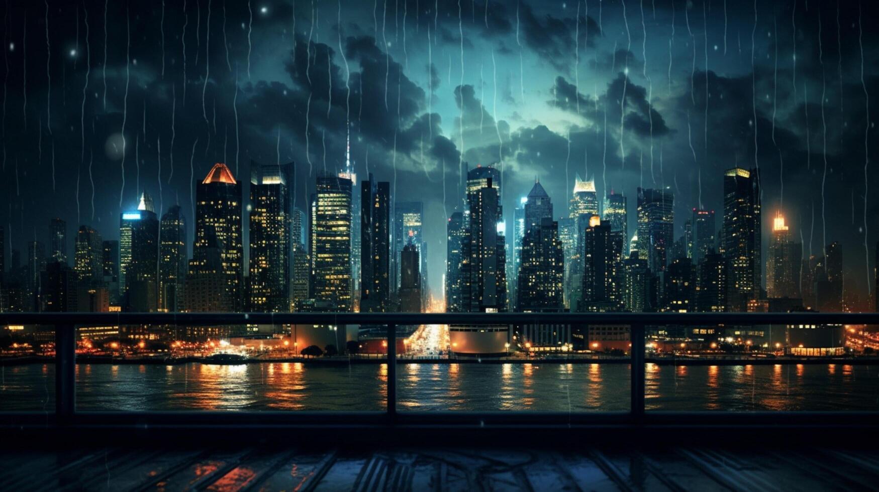 AI generated Rainy Skies and City Lights Background photo