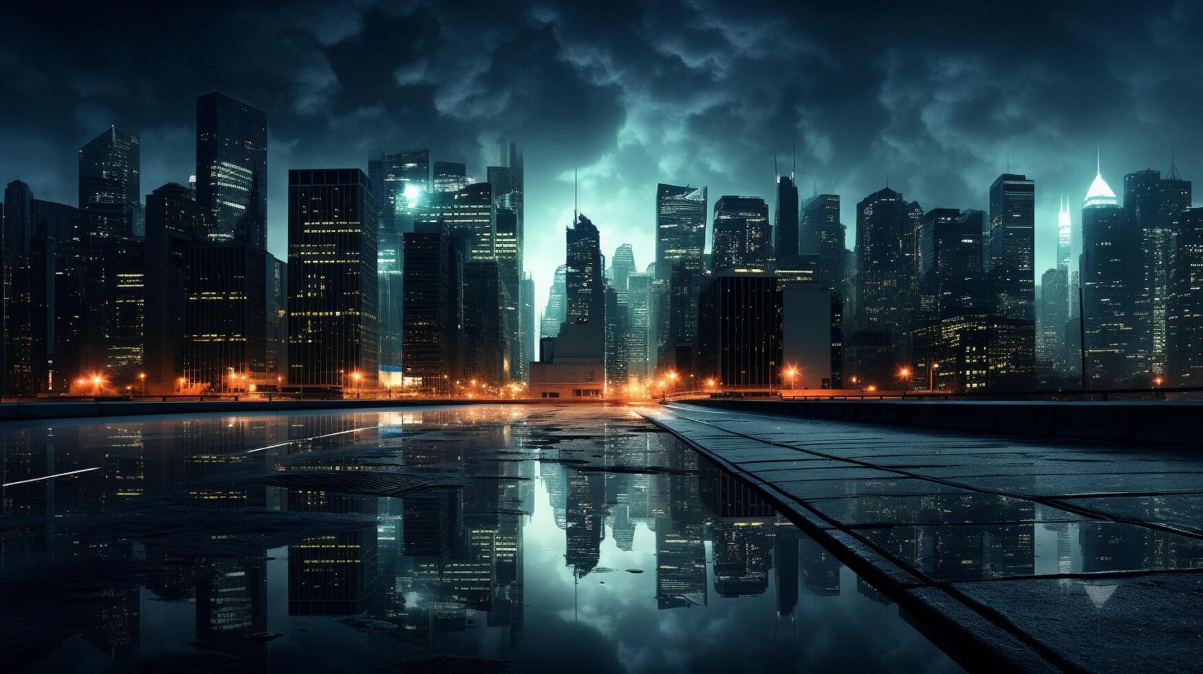 AI generated Rainy Skies and City Lights Background photo