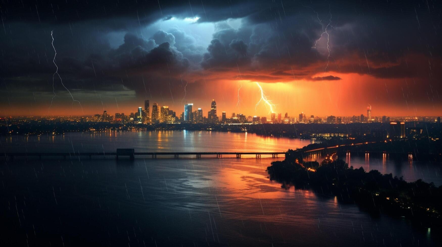 AI generated Rainy Sunset Over City Background photo