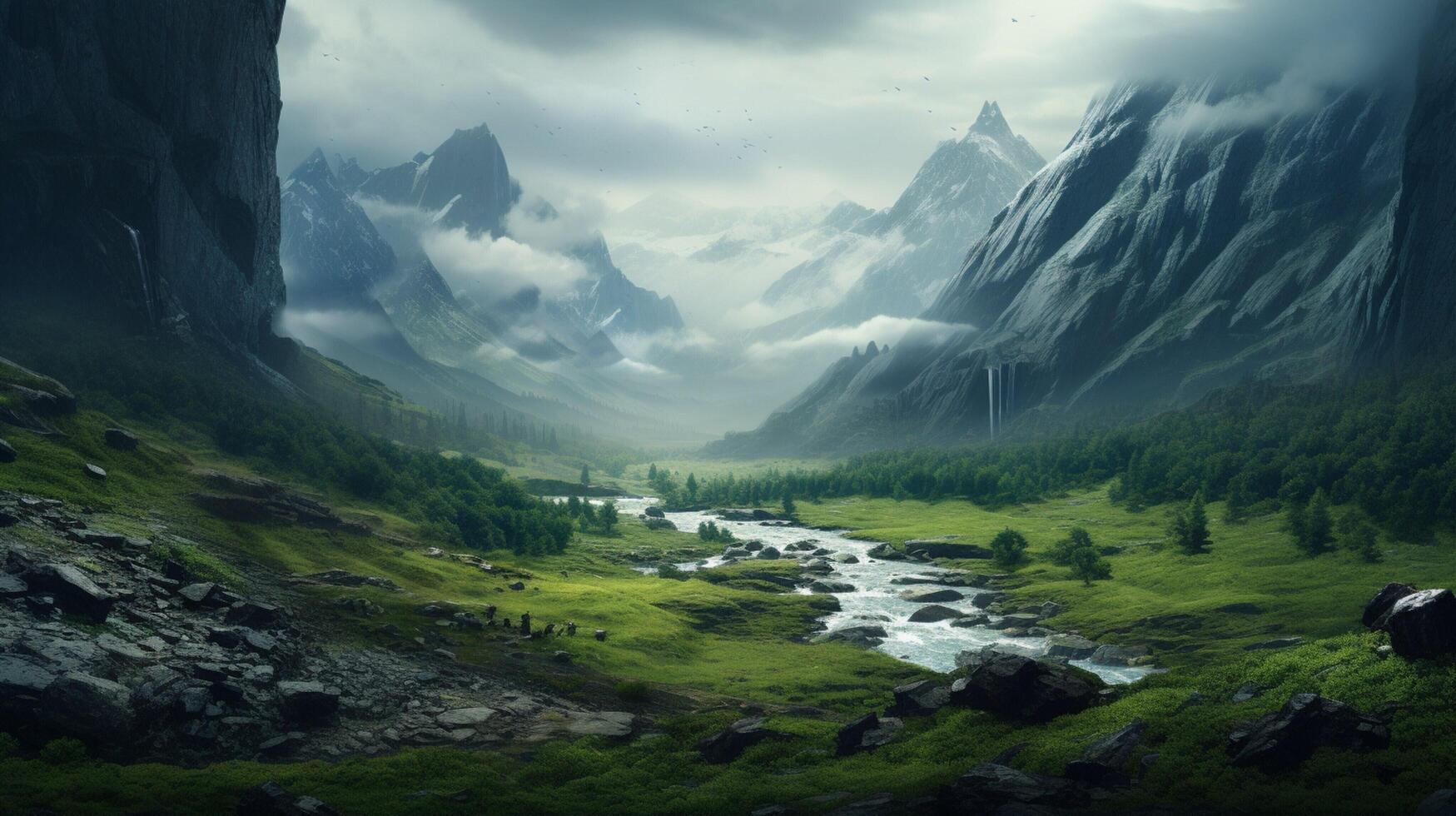 AI generated Rainy Valley Explorations Background photo
