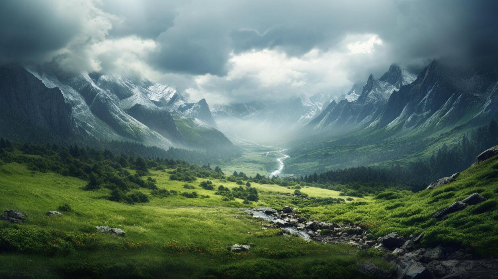 AI generated Rainy Valley Landscape Background photo