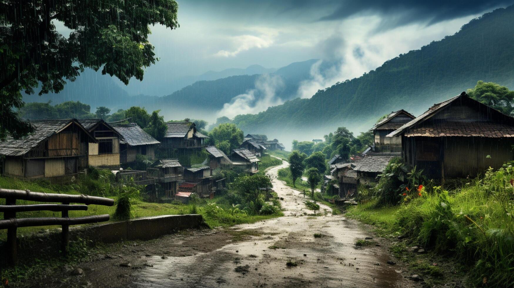 AI generated Rainy Village Discoveries Background photo