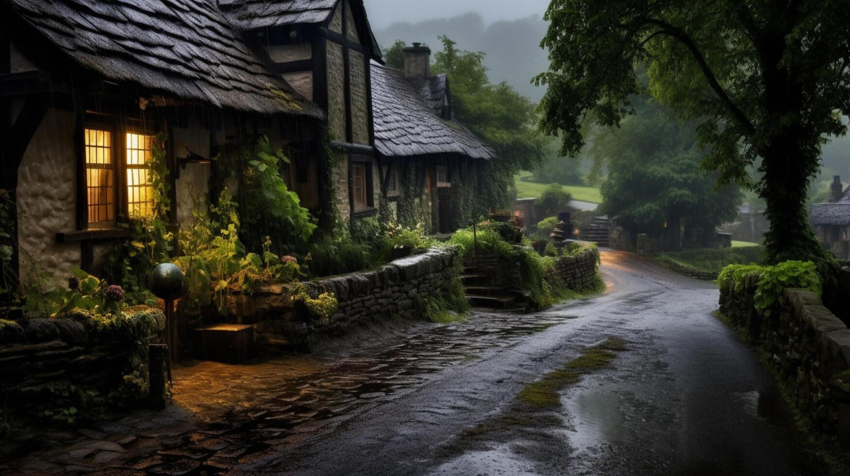 AI generated Rainy Village Life Background photo