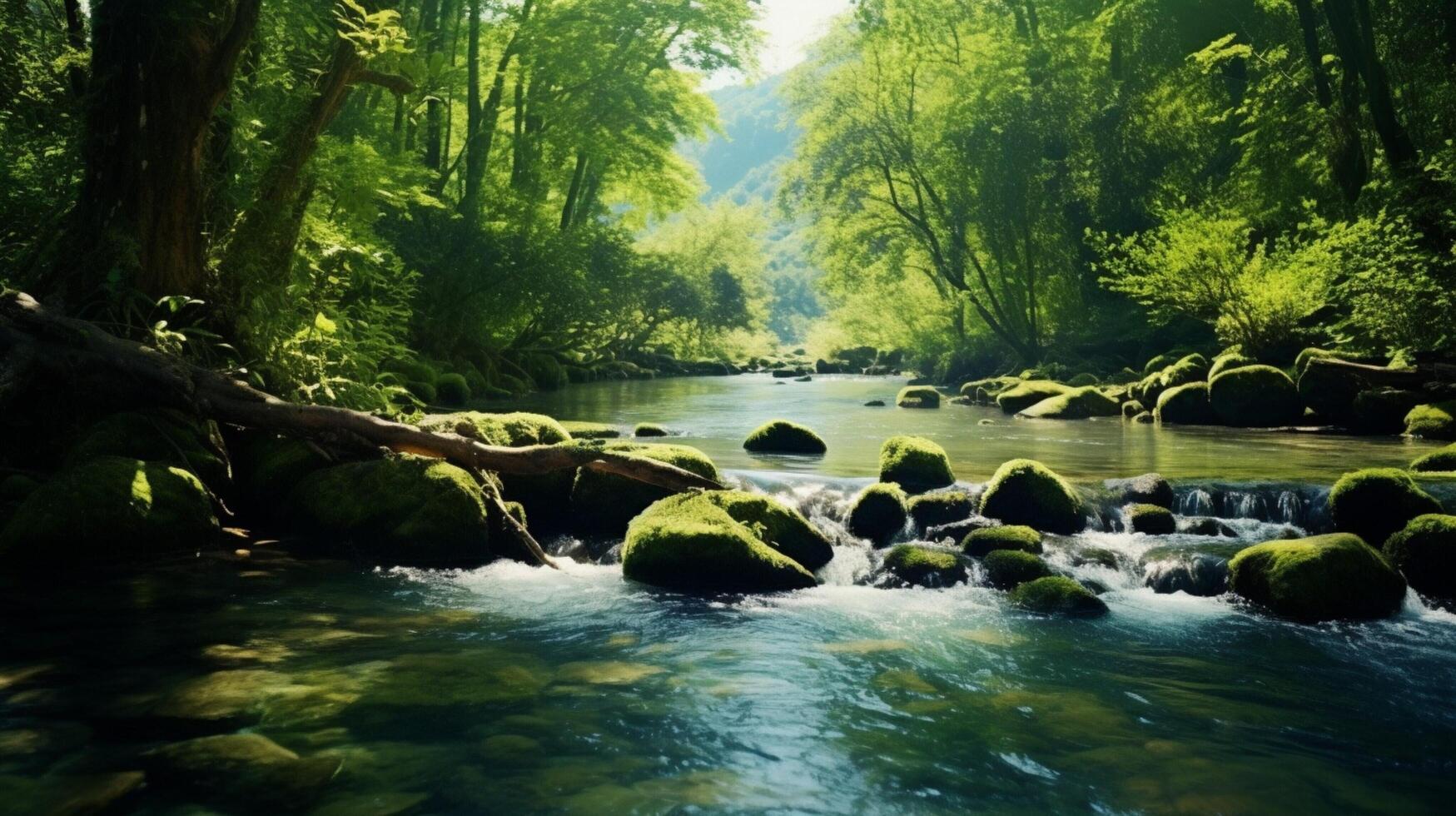AI generated a river running through a green forest photo