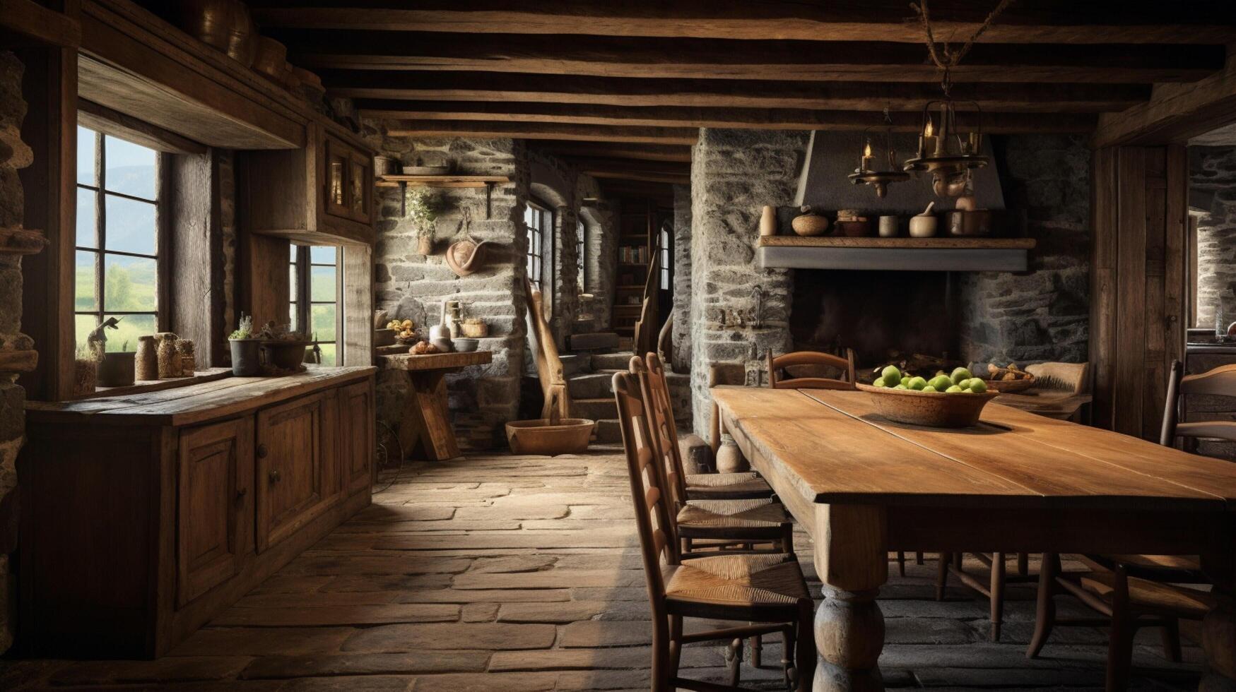 ai generado rústico casa de Campo interior diseño foto