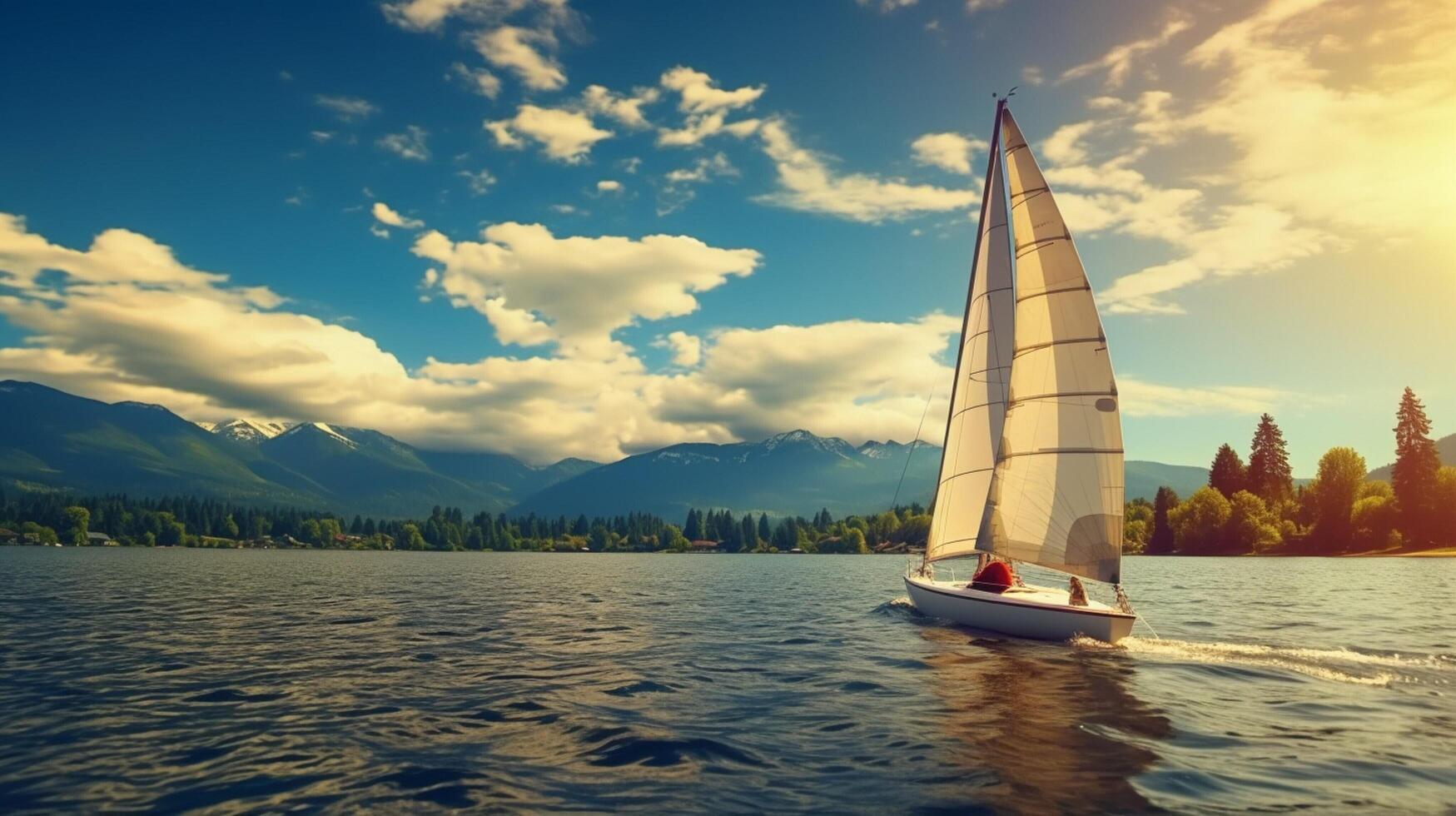 AI generated sailing boat on lake with trees and mountains photo