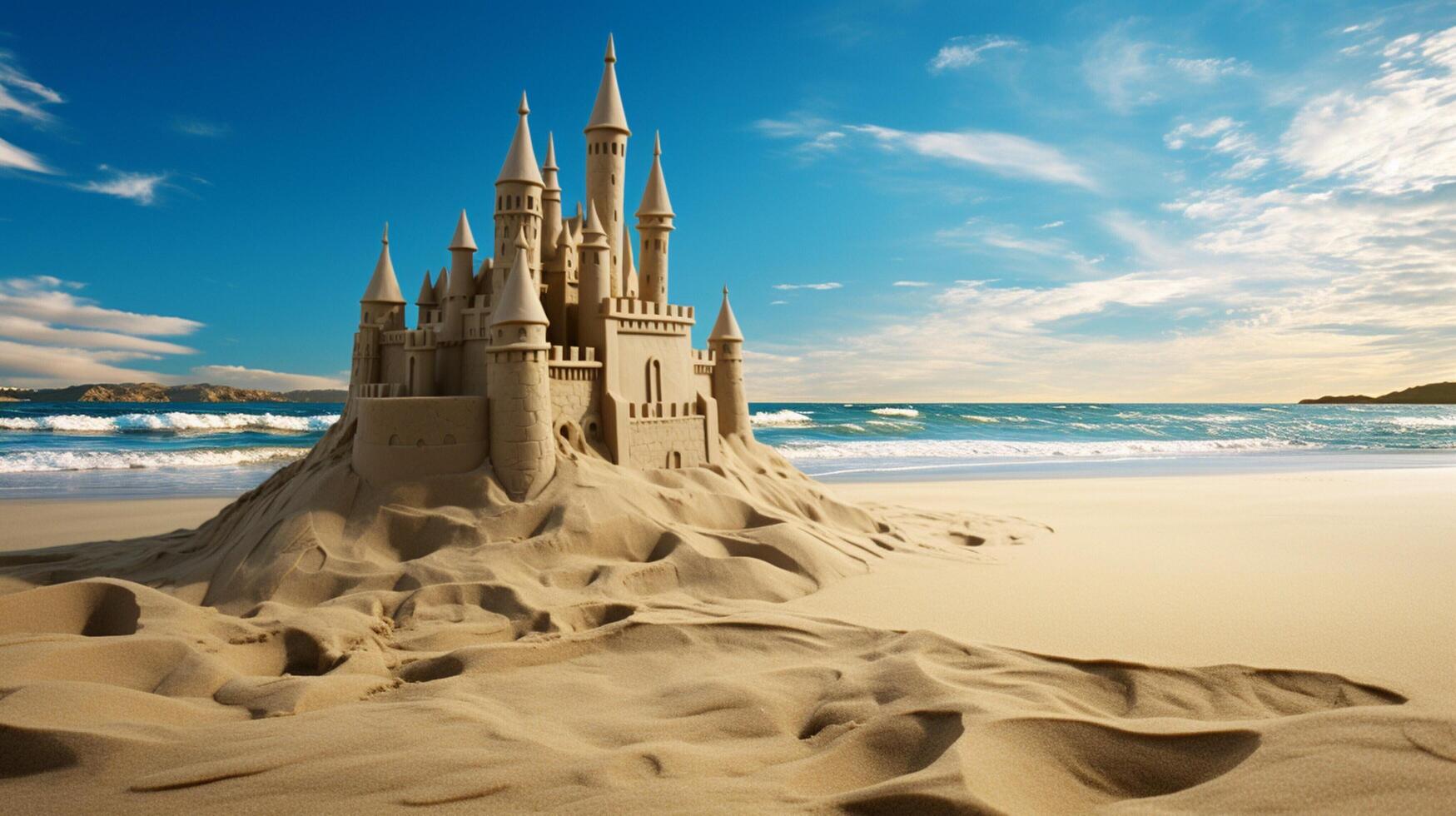 AI generated Sand Castle on the Beach Background photo