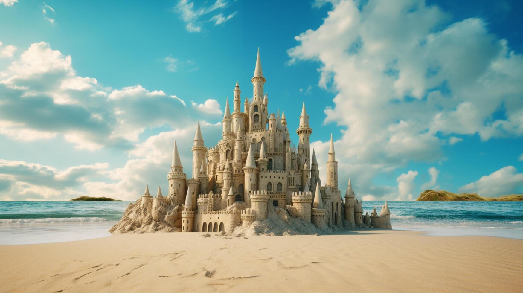 AI generated Sand Castle on the Beach Background photo