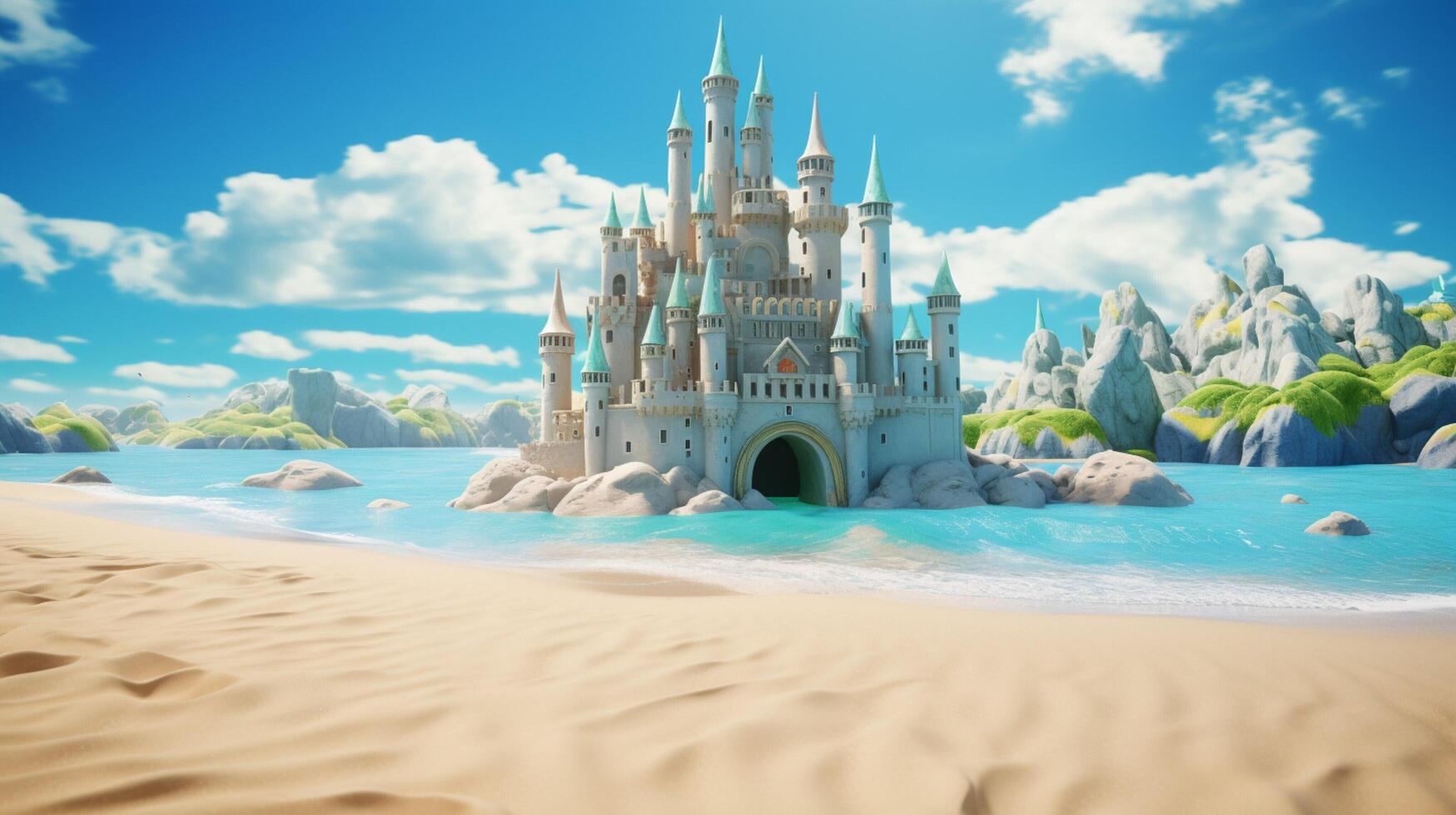 AI generated a sand castle on the beach with blue sky photo