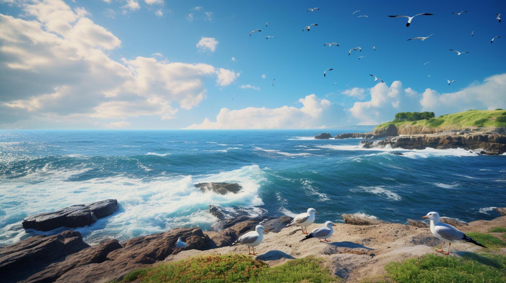 AI generated Seagulls by the Ocean Background photo