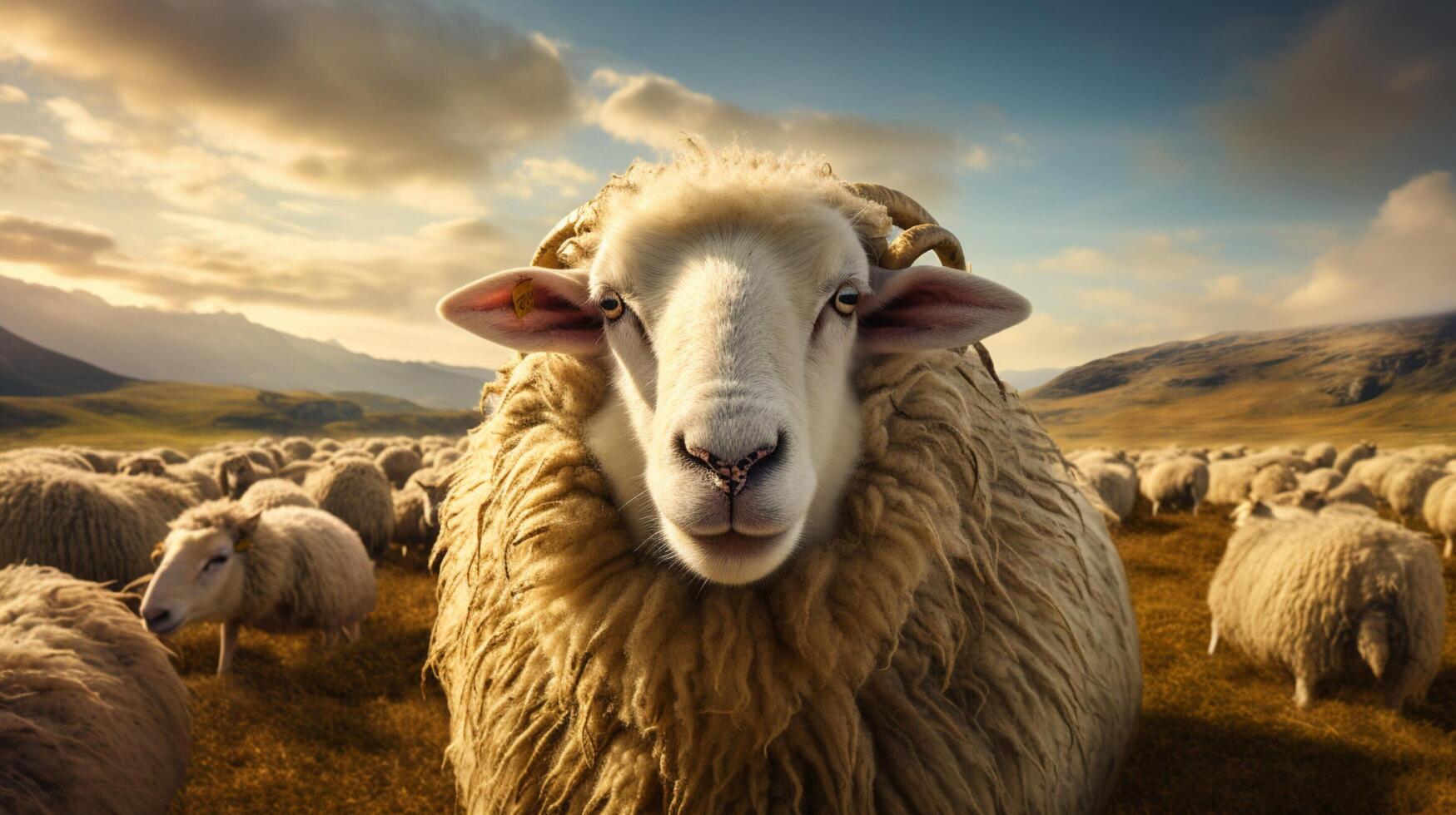 ai generado un oveja soportes en un colina con vista a un Valle foto