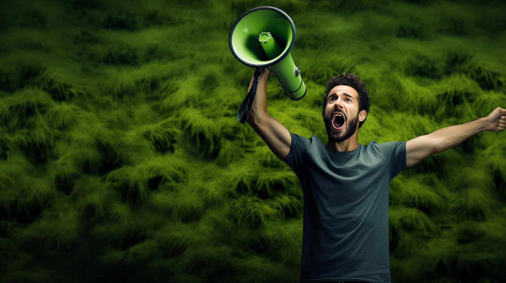 AI generated man holding megaphone standing on Moss Green background photo