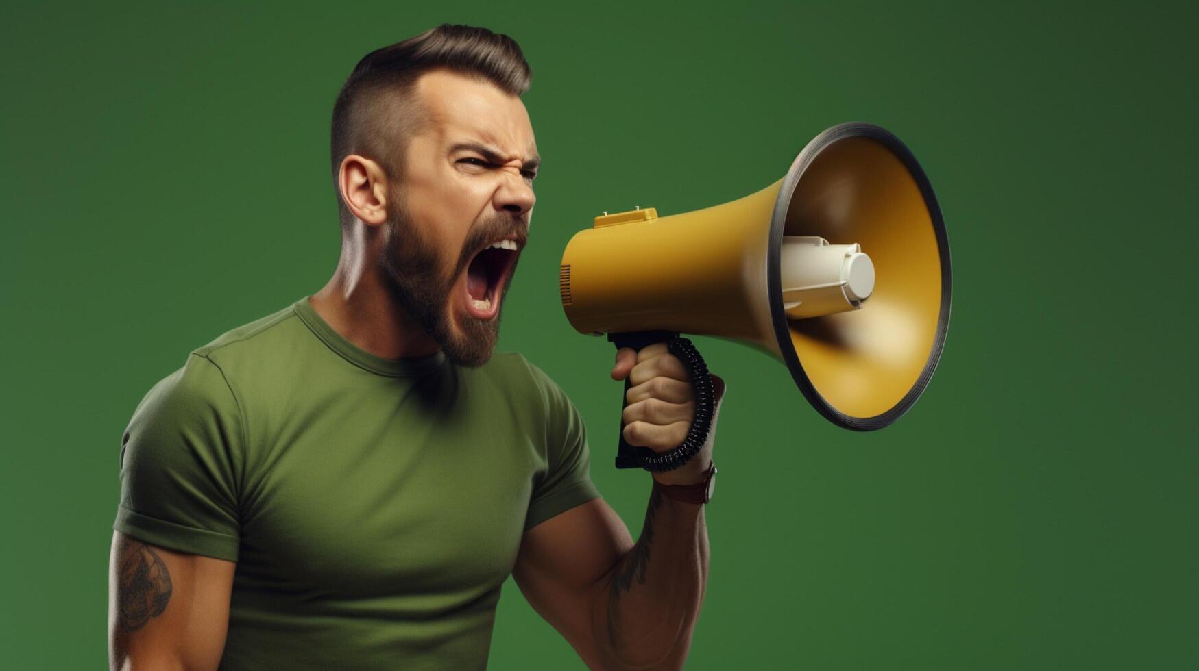 AI generated man holding megaphone standing on Olive background photo