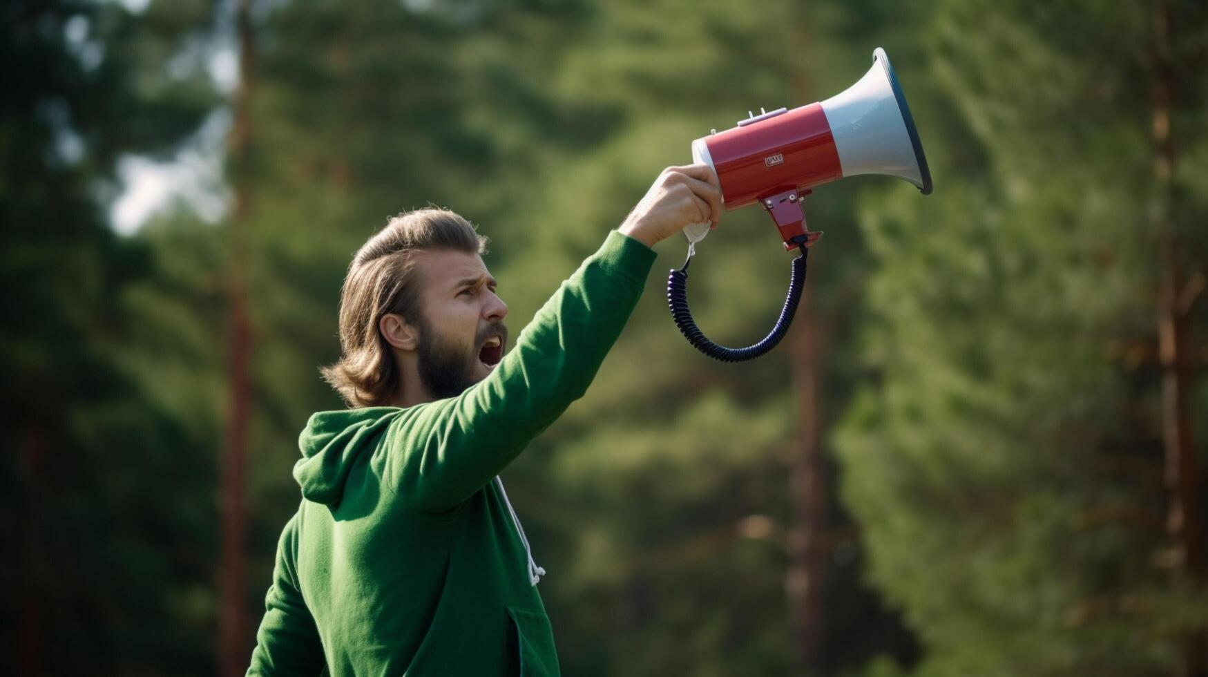 AI generated man holding megaphone standing on Pine Green background photo