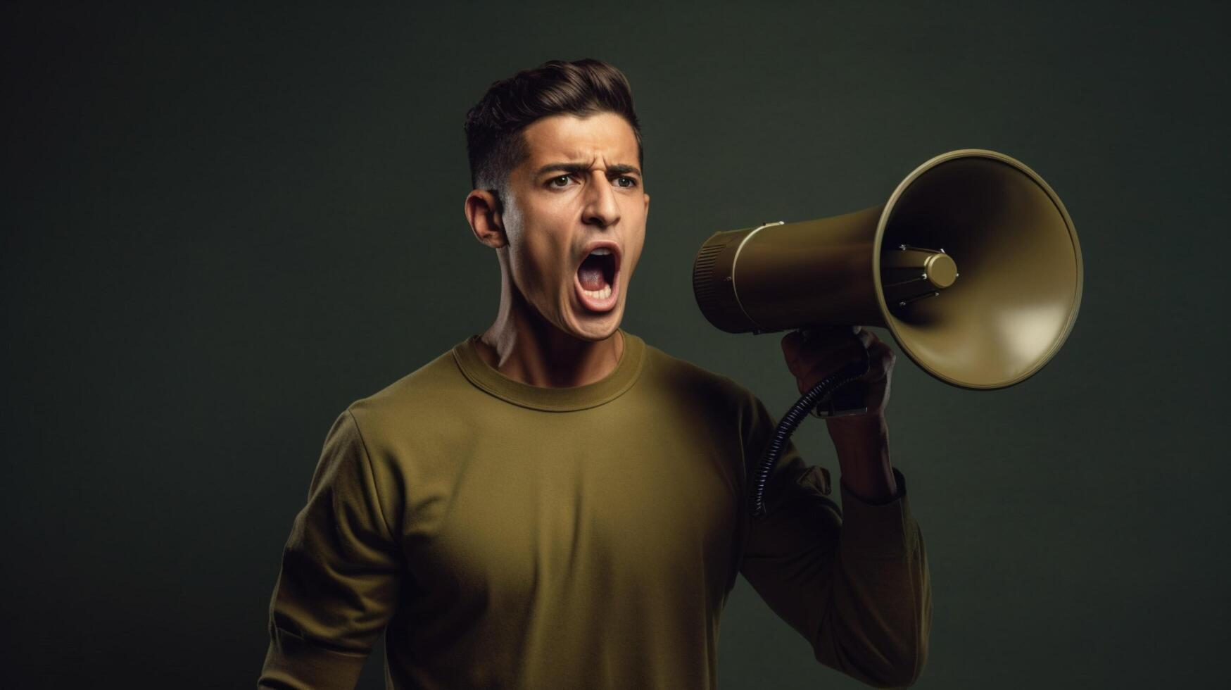 AI generated man holding megaphone standing on Olive Drab background photo