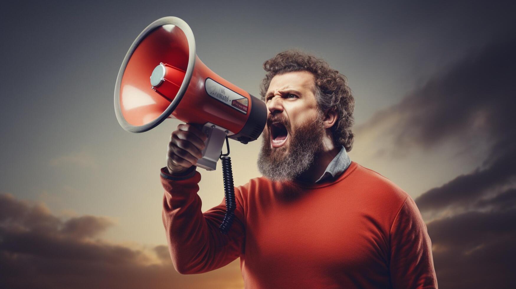 AI generated man holding megaphone standing on Platinum background photo