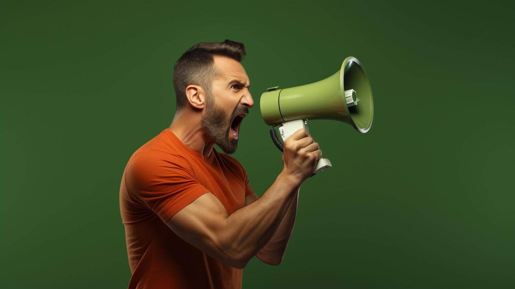 AI generated man holding megaphone standing on Olive background photo