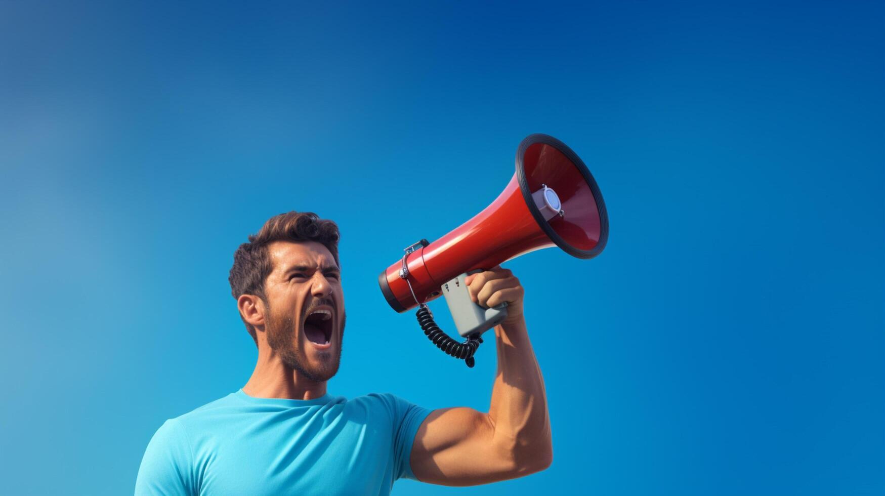 AI generated man holding megaphone standing on Periwinkle background photo