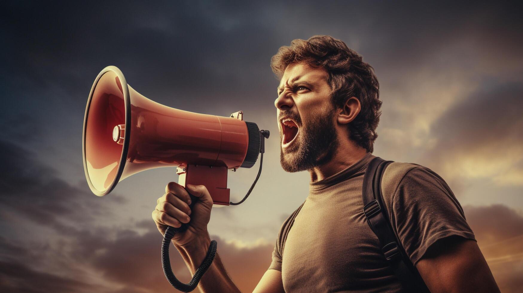 AI generated man holding megaphone standing on Puce background photo