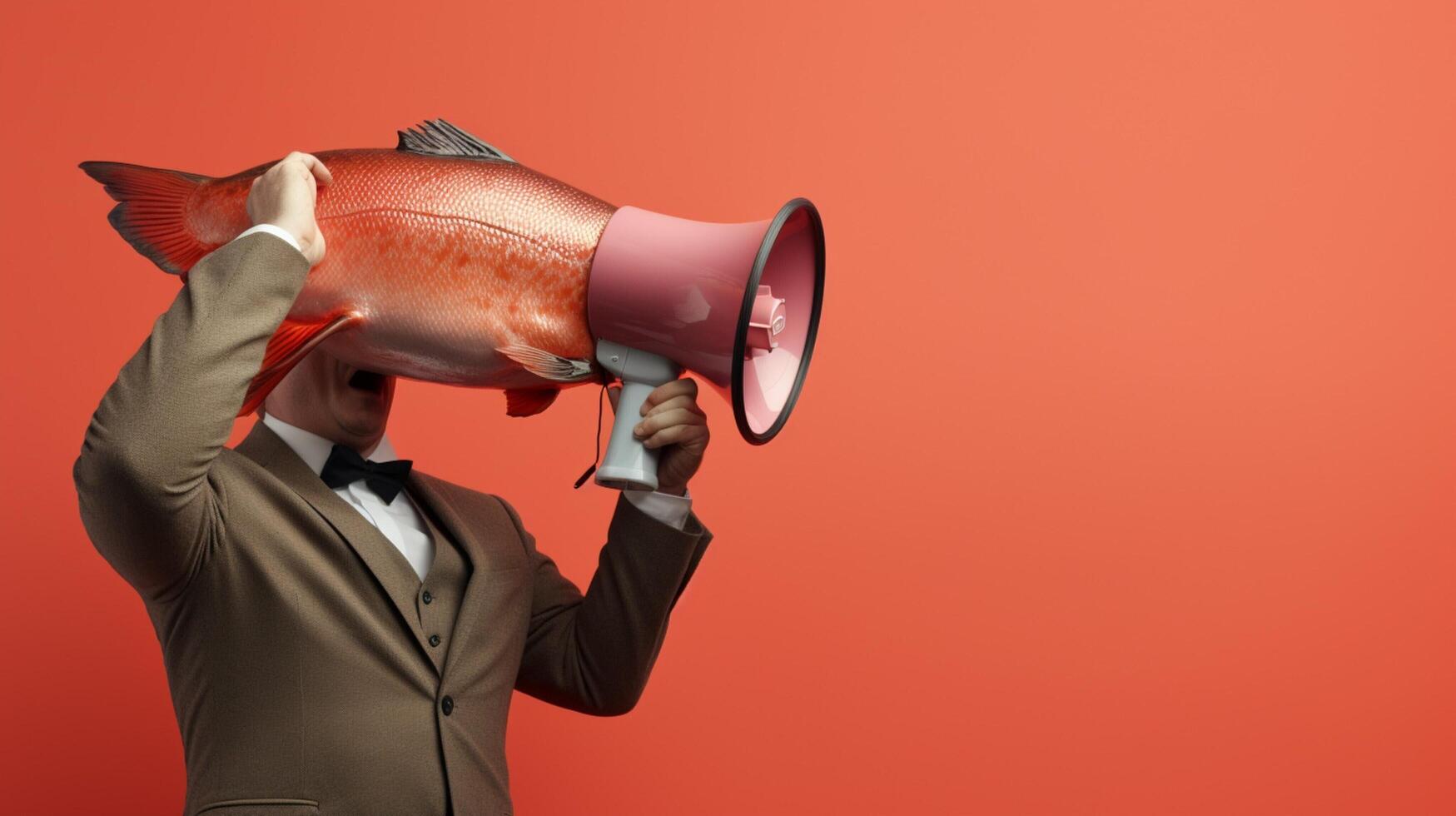 AI generated man holding megaphone standing on Salmon background photo