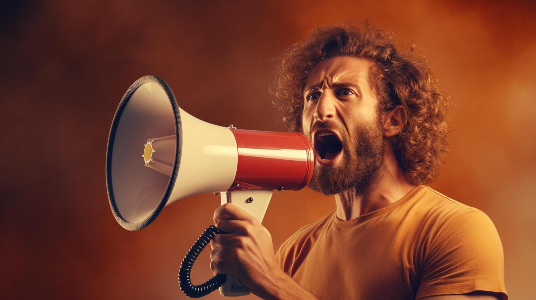 AI generated man holding megaphone standing on Sienna background photo