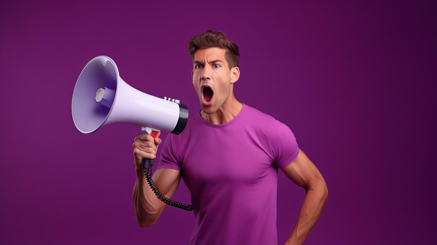 AI generated man holding megaphone standing on Plum background photo