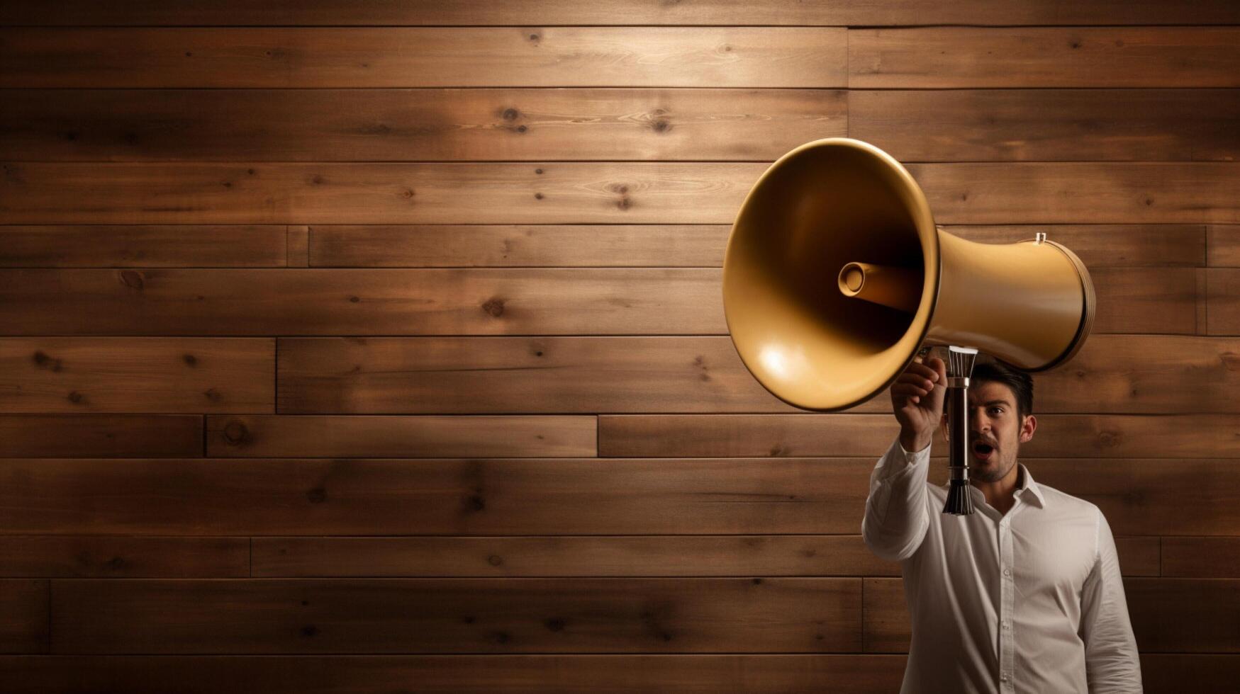 AI generated man holding megaphone standing on Sandalwood background photo