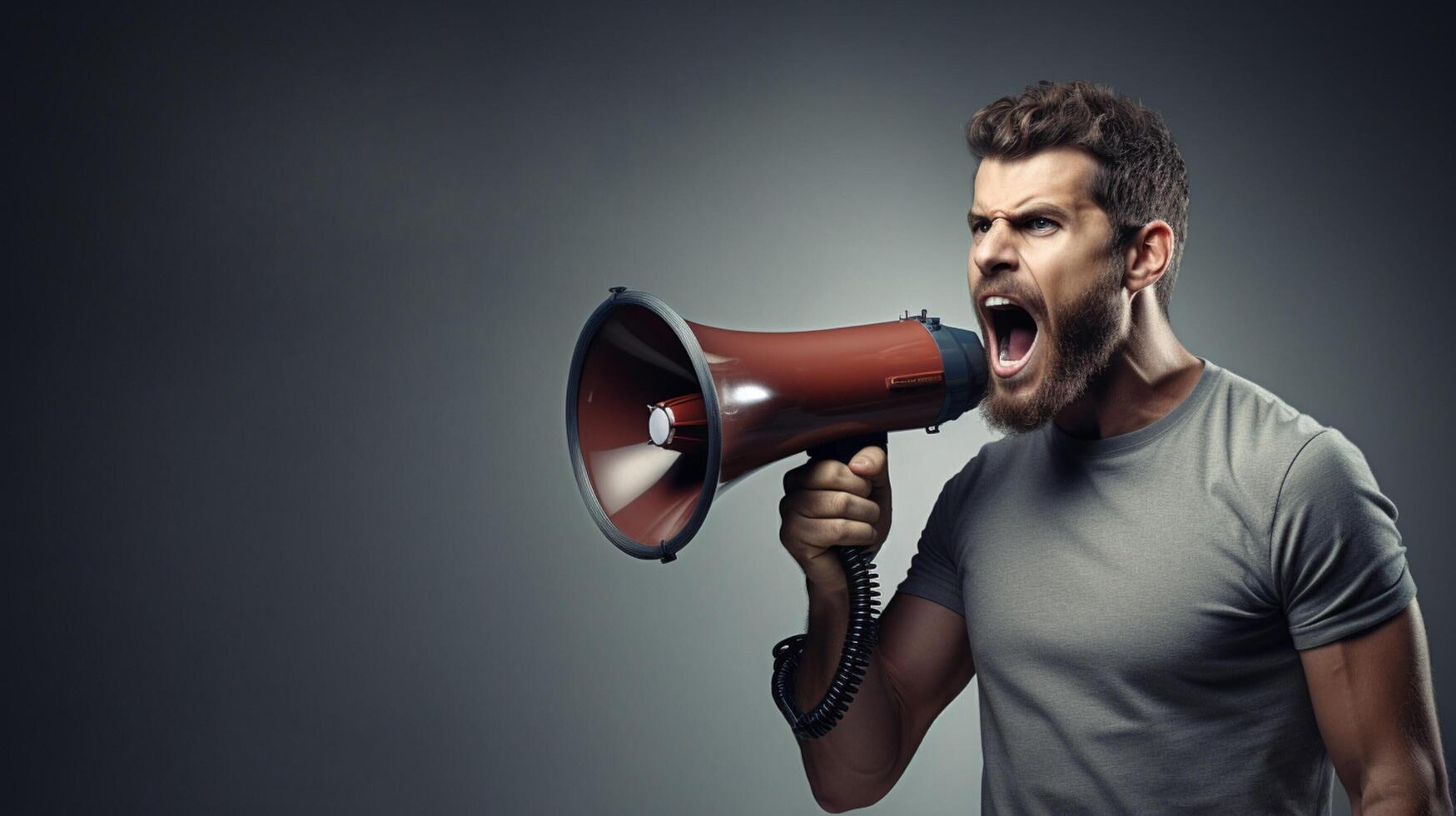 AI generated man holding megaphone standing on Silver background photo