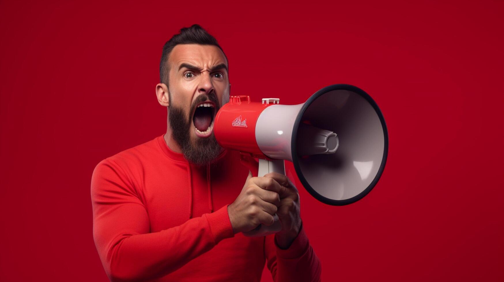 AI generated man holding megaphone standing on Red background photo