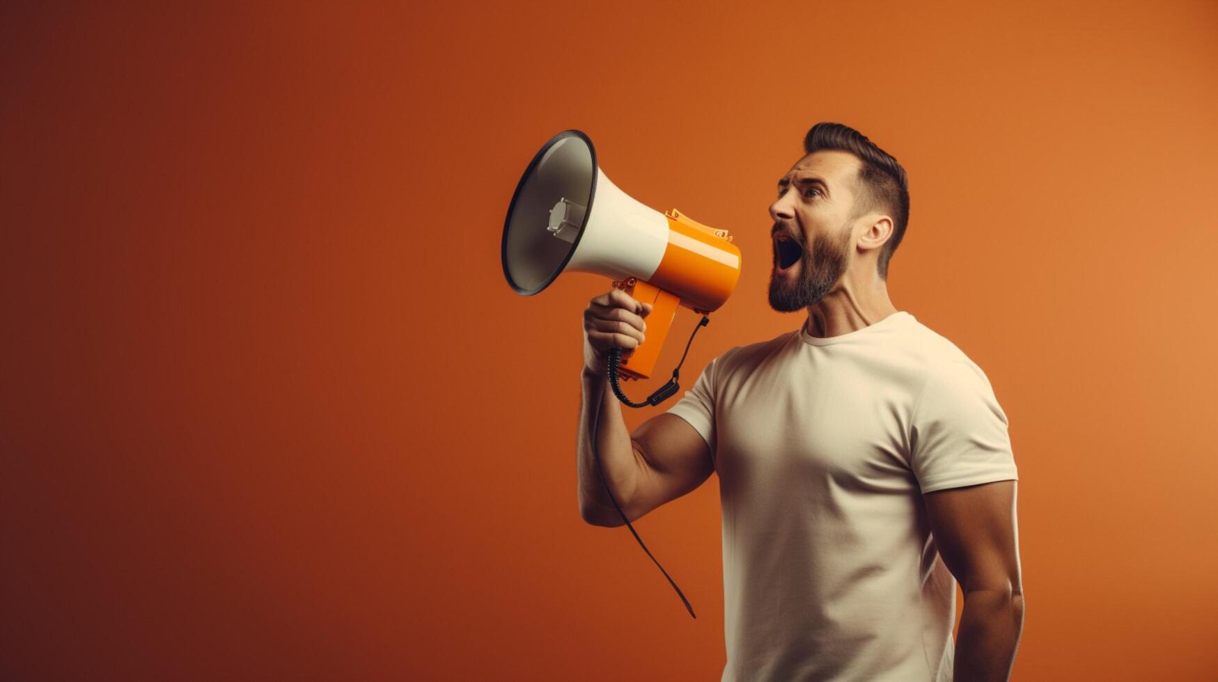 AI generated man holding megaphone standing on Sienna background photo