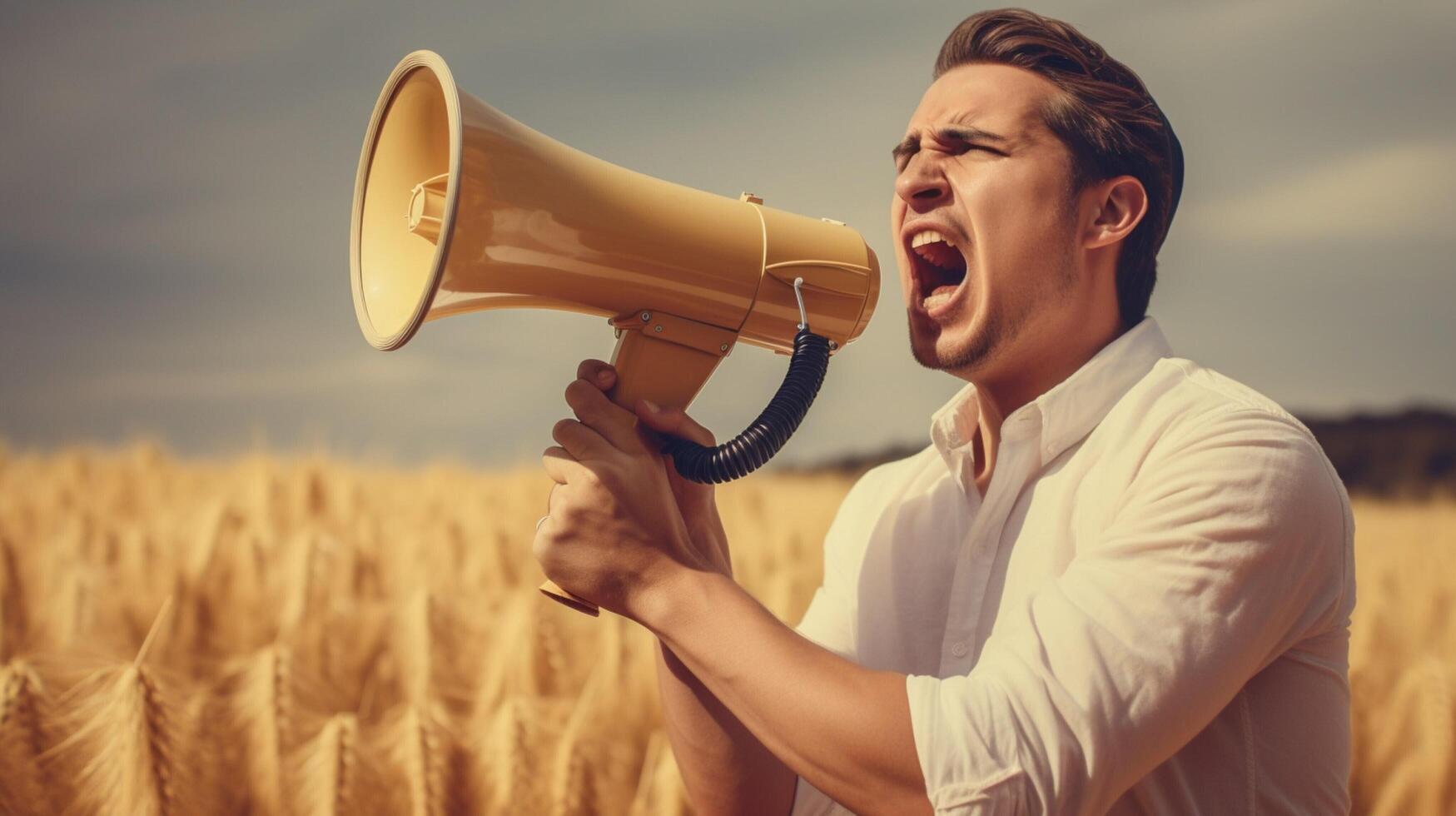 AI generated man holding megaphone standing on Straw background photo