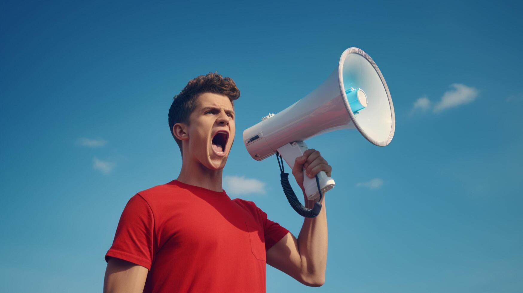 AI generated man holding megaphone standing on Sky Blue background photo