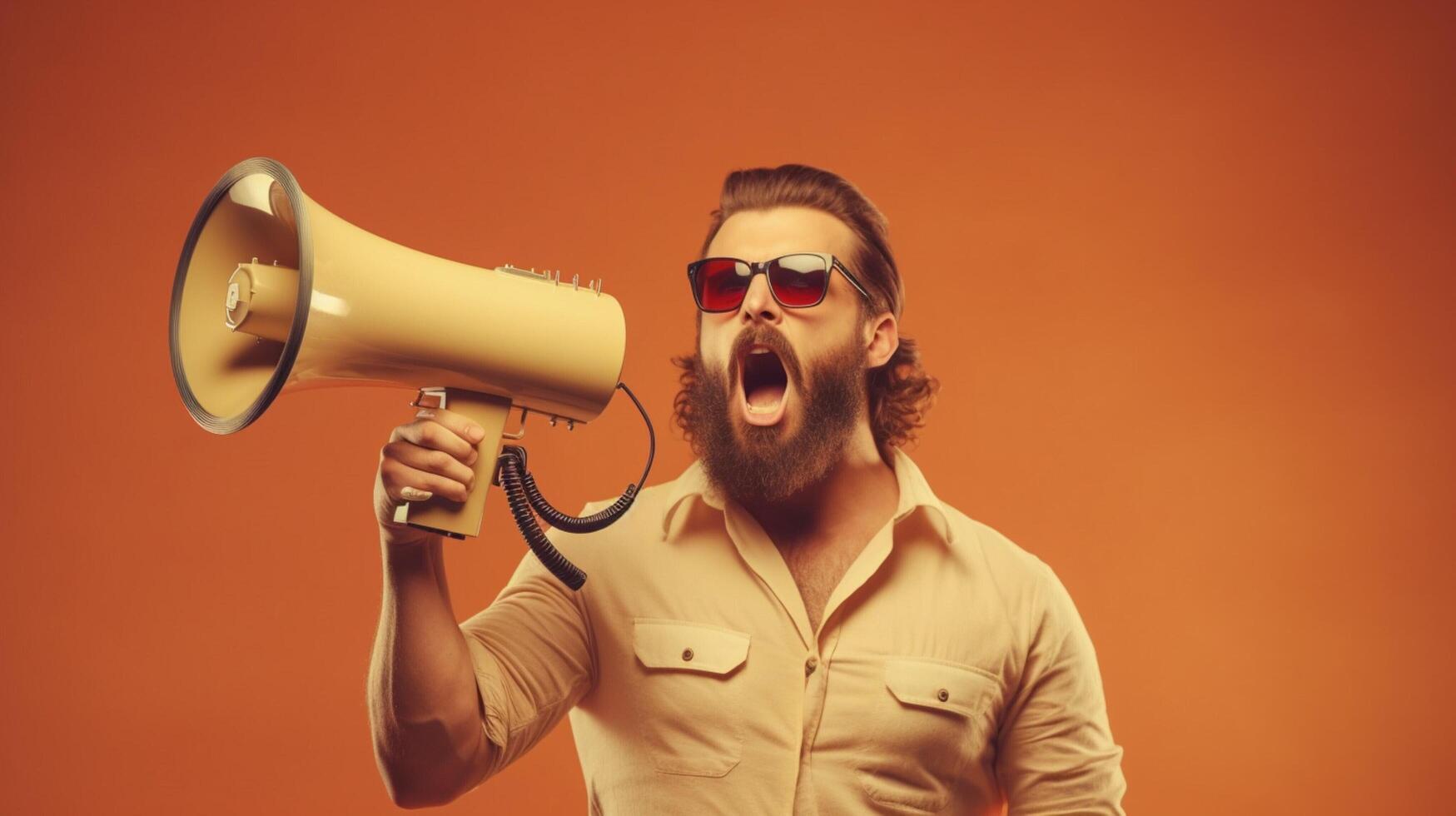 AI generated man holding megaphone standing on Tan background photo