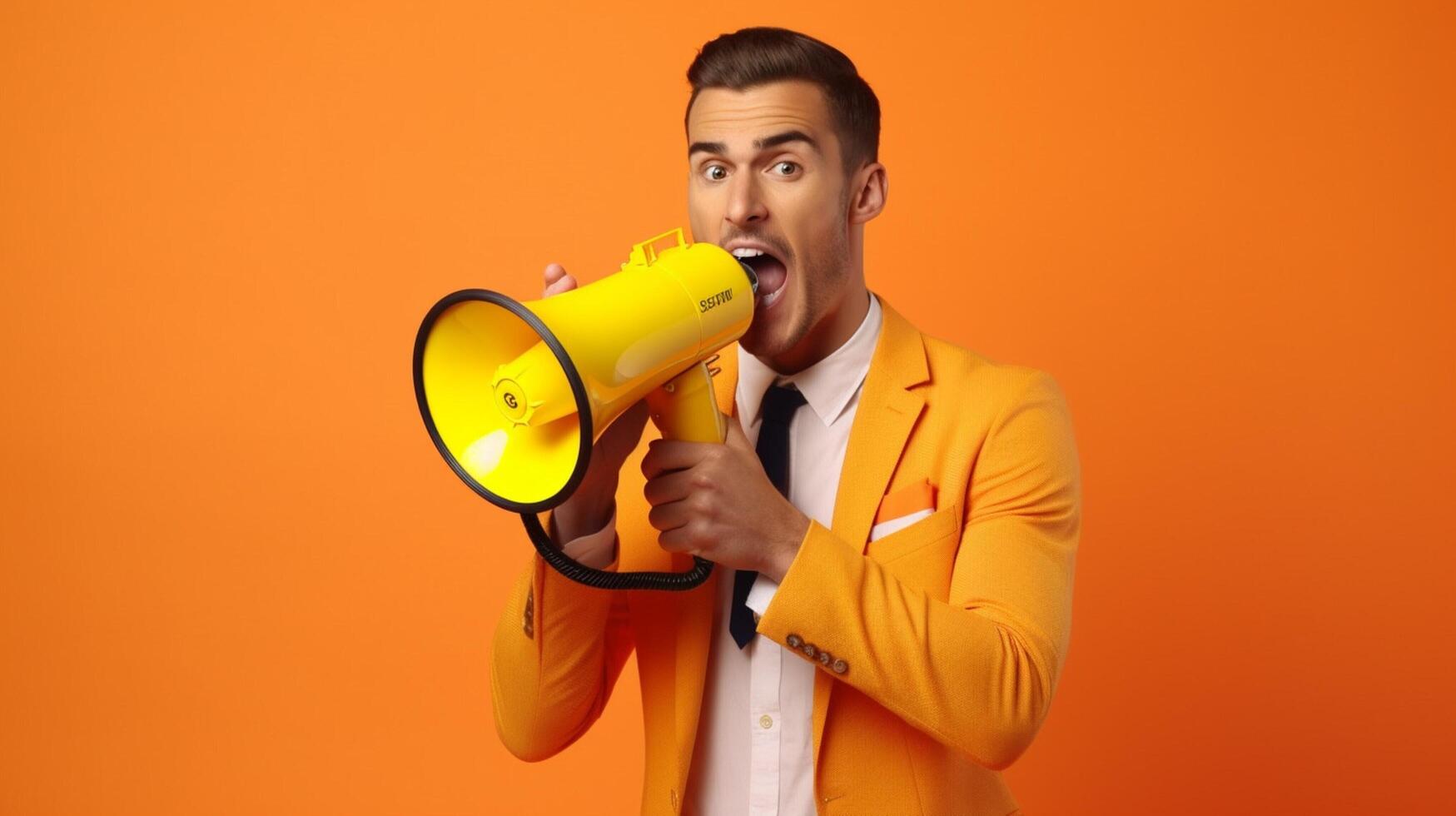 AI generated man holding megaphone standing on Tangerine background photo