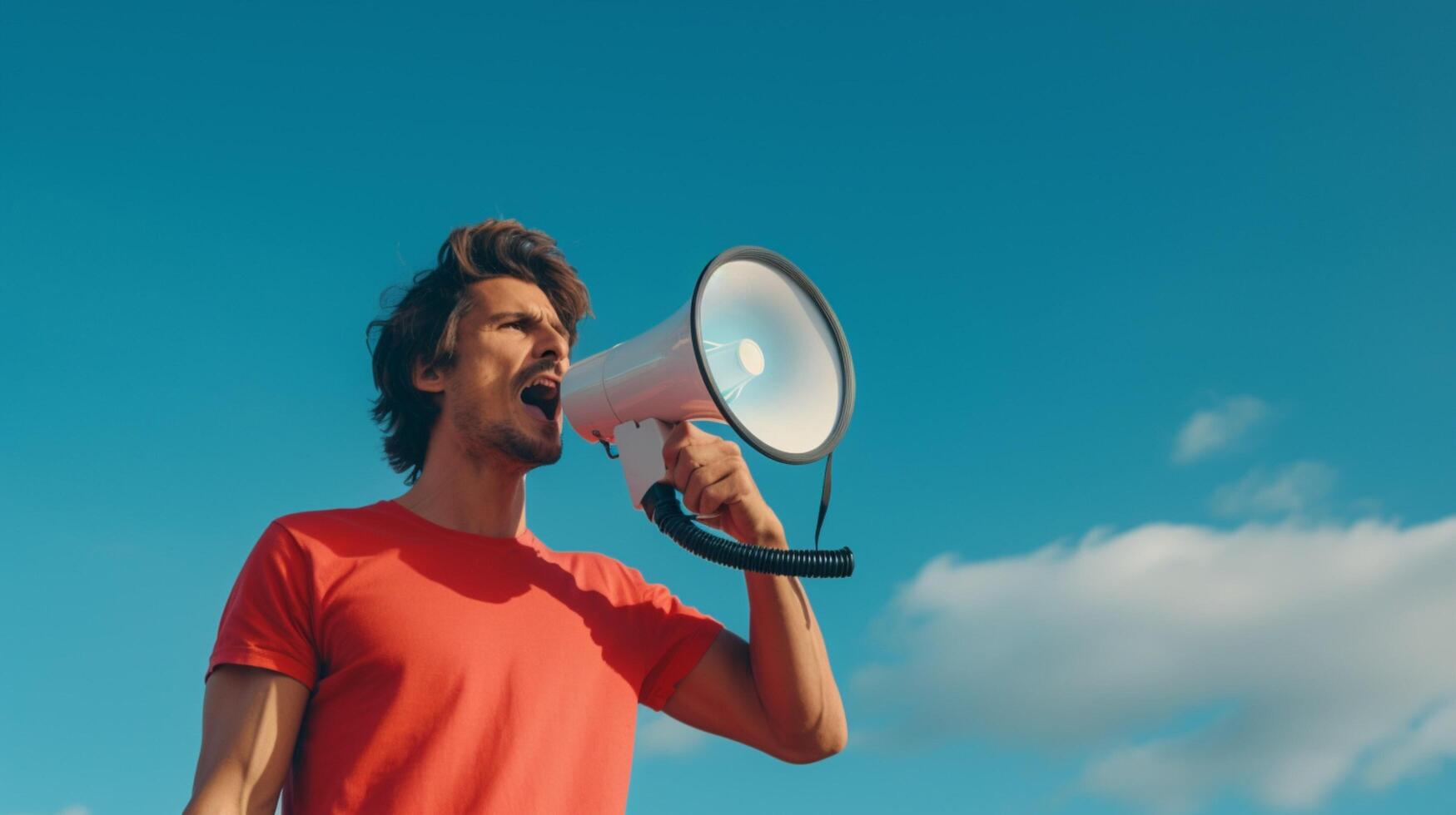 AI generated man holding megaphone standing on Sky Blue background photo