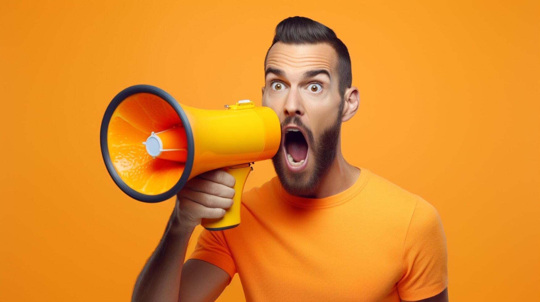 AI generated man holding megaphone standing on Tangerine background photo