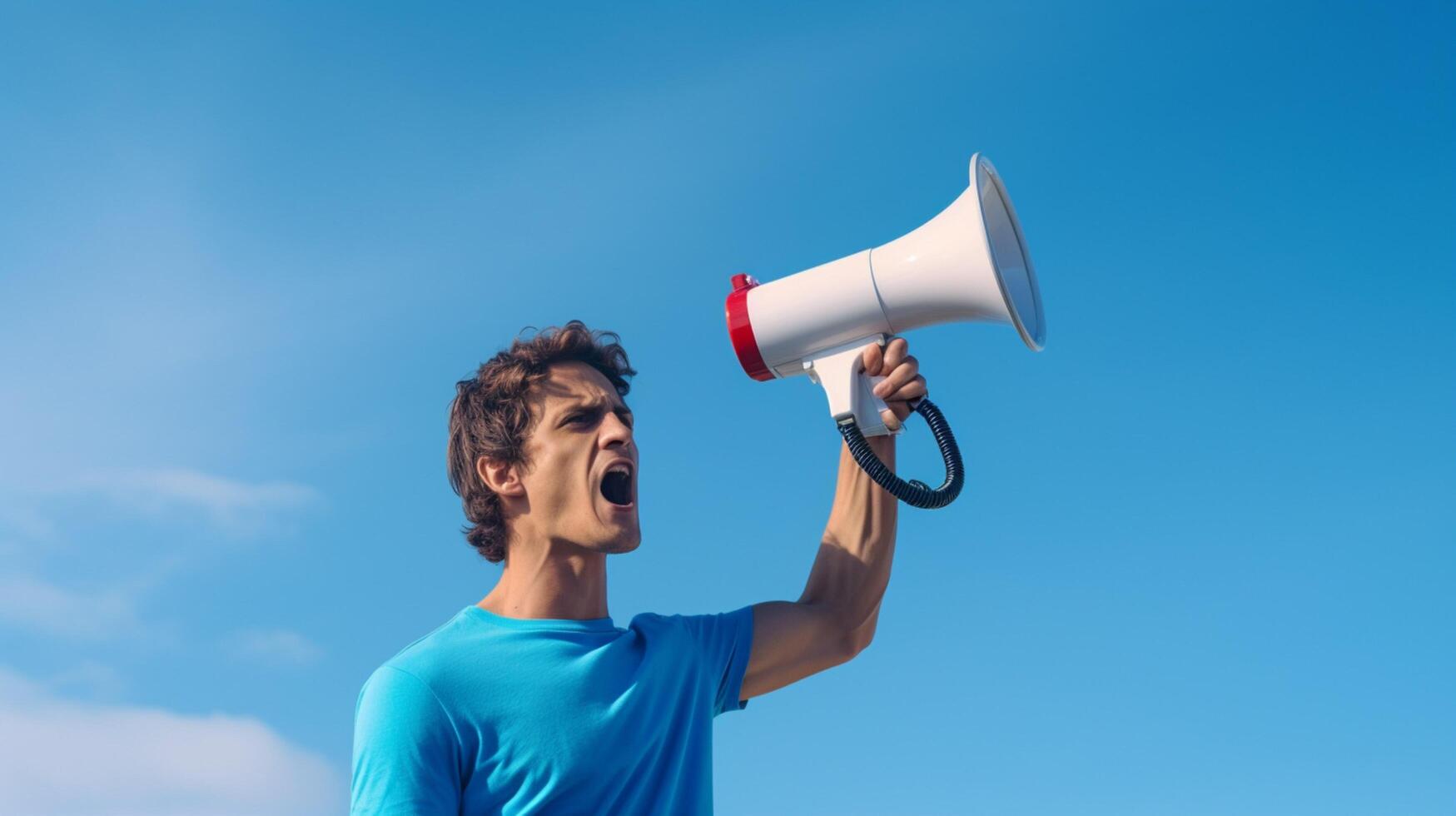 AI generated man holding megaphone standing on Sky Blue background photo