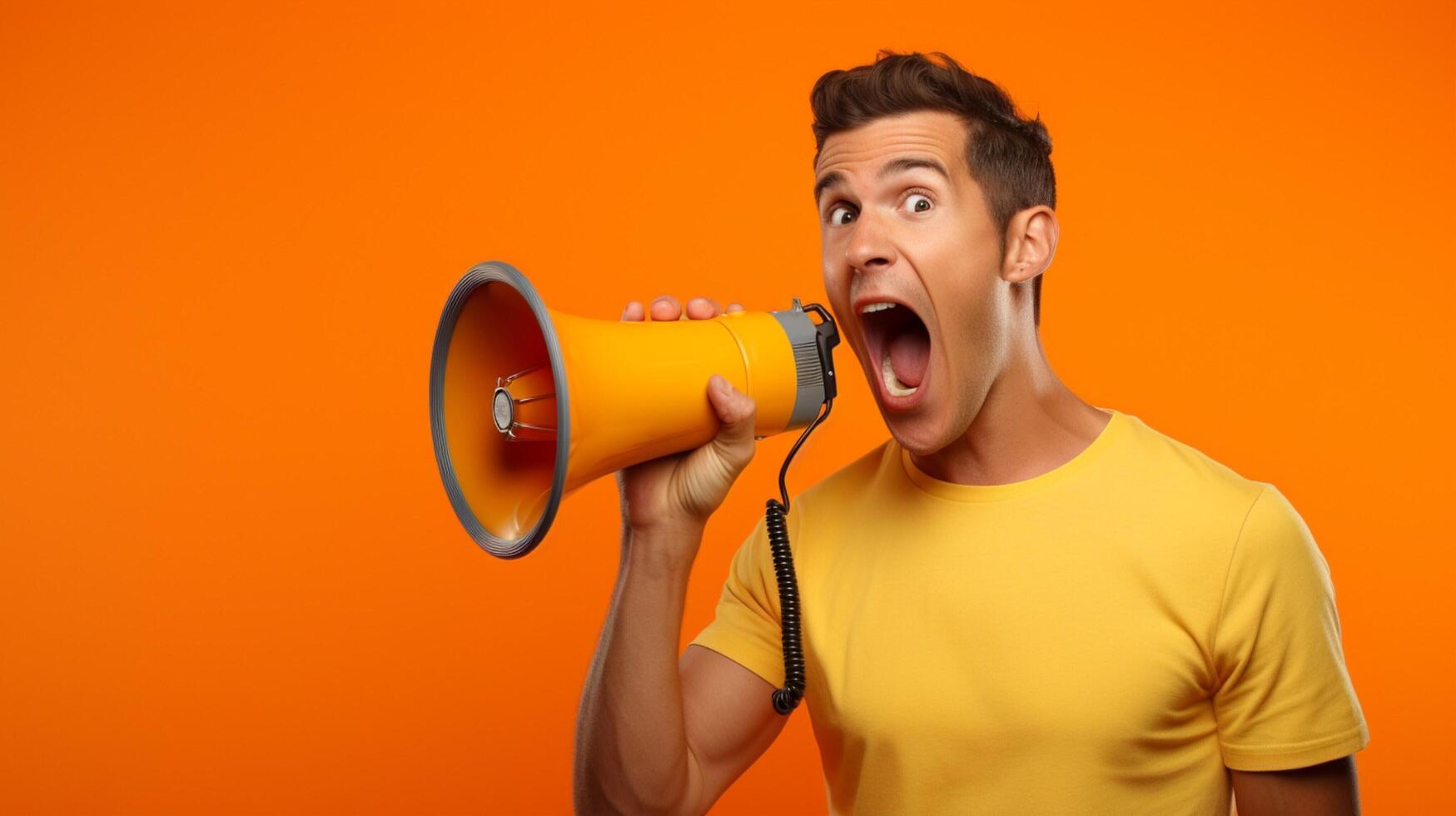 AI generated man holding megaphone standing on Tangerine background photo