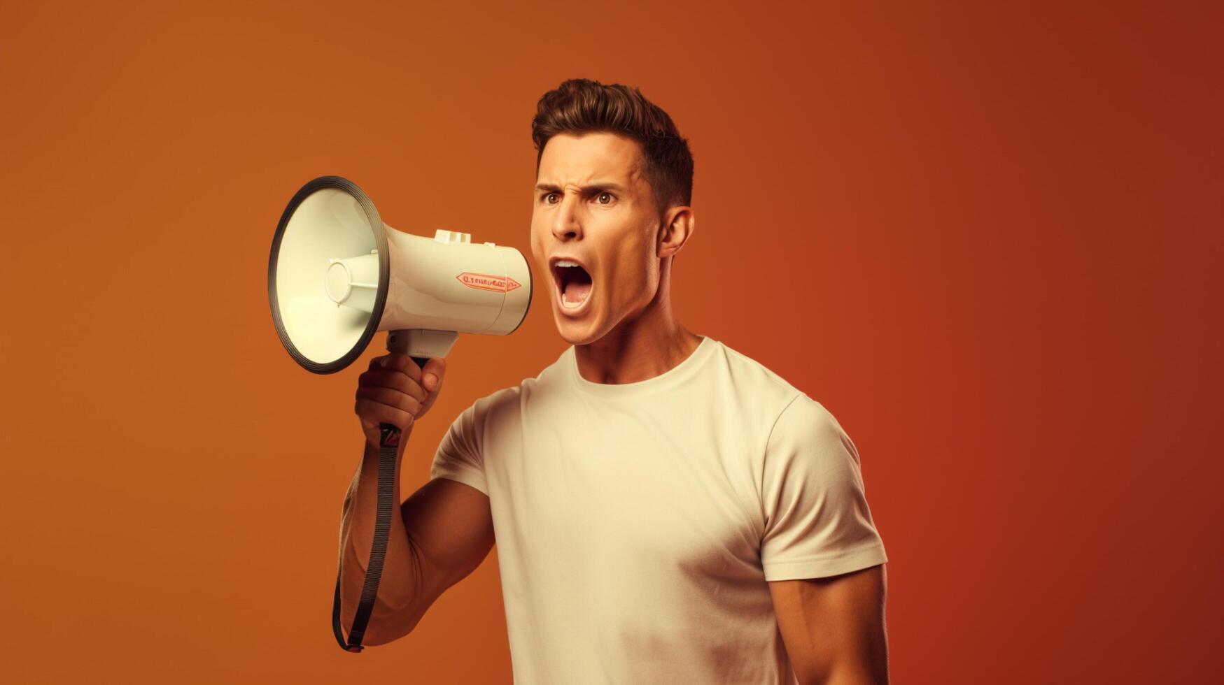 AI generated man holding megaphone standing on Tan background photo