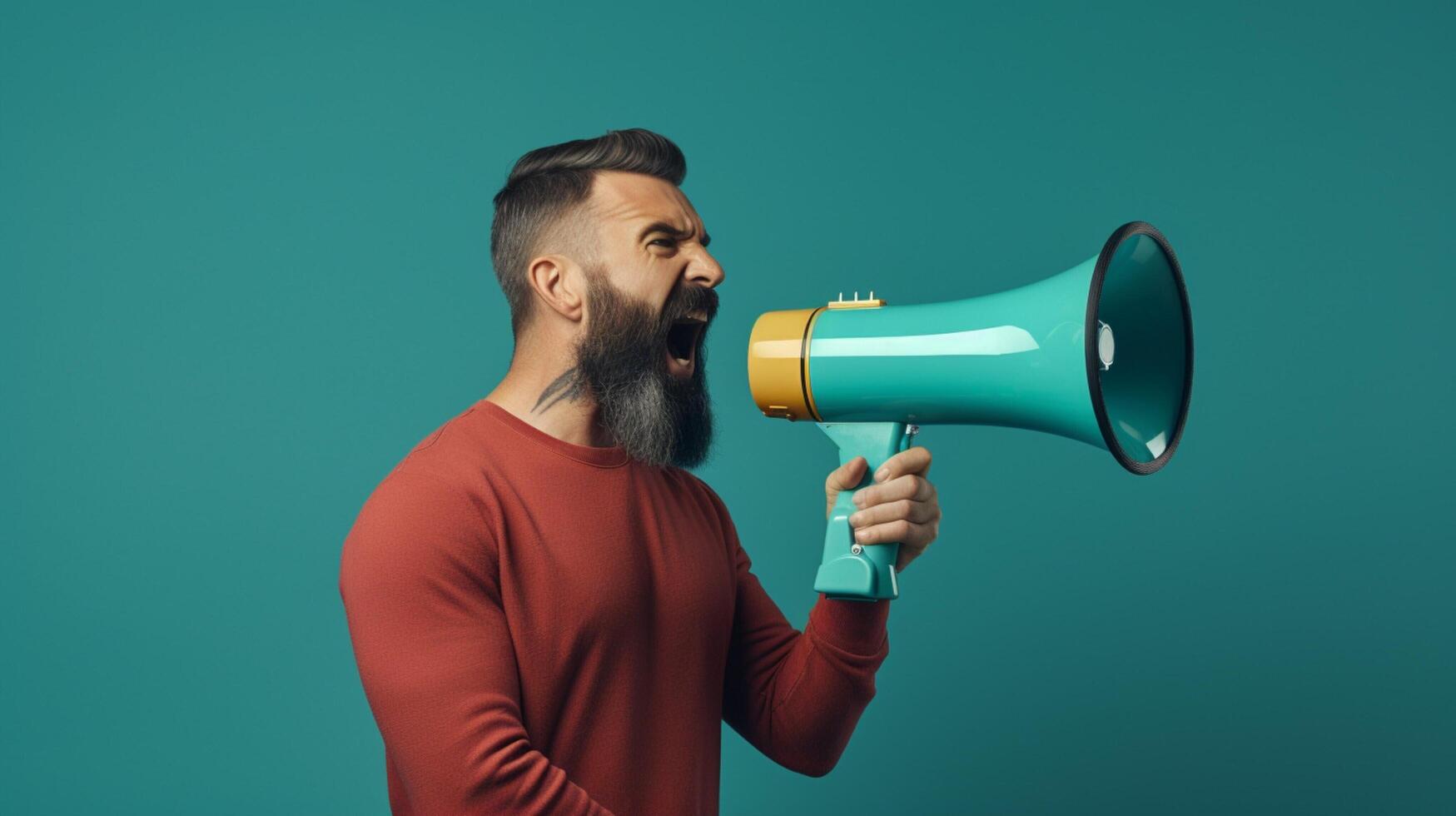 AI generated man holding megaphone standing on Teal background photo