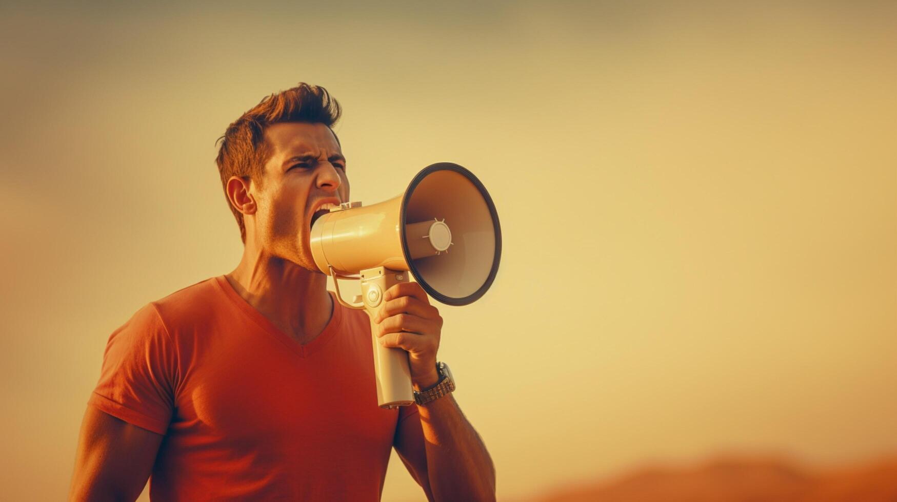 AI generated man holding megaphone standing on Tan background photo