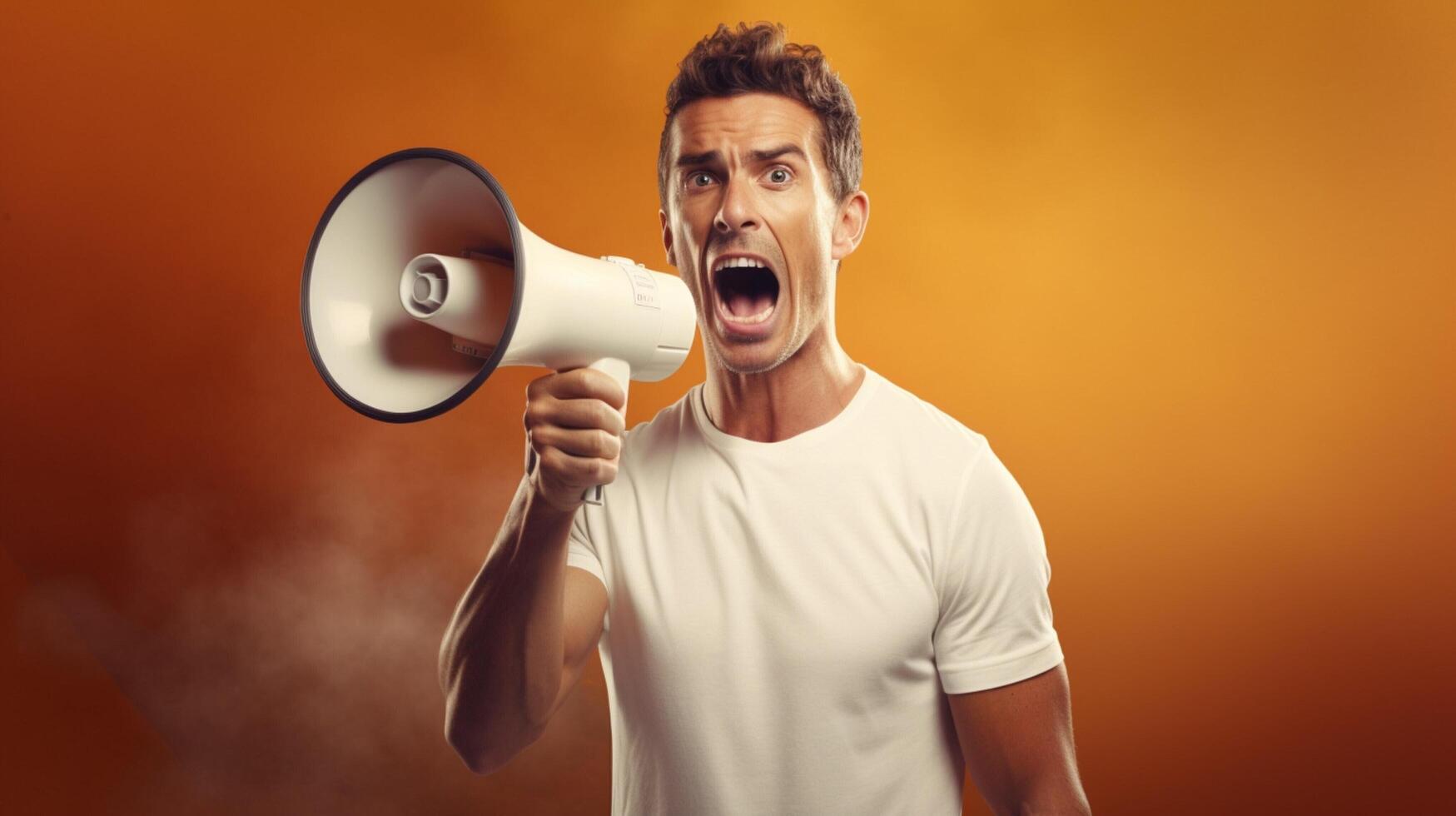 AI generated man holding megaphone standing on Terracotta background photo