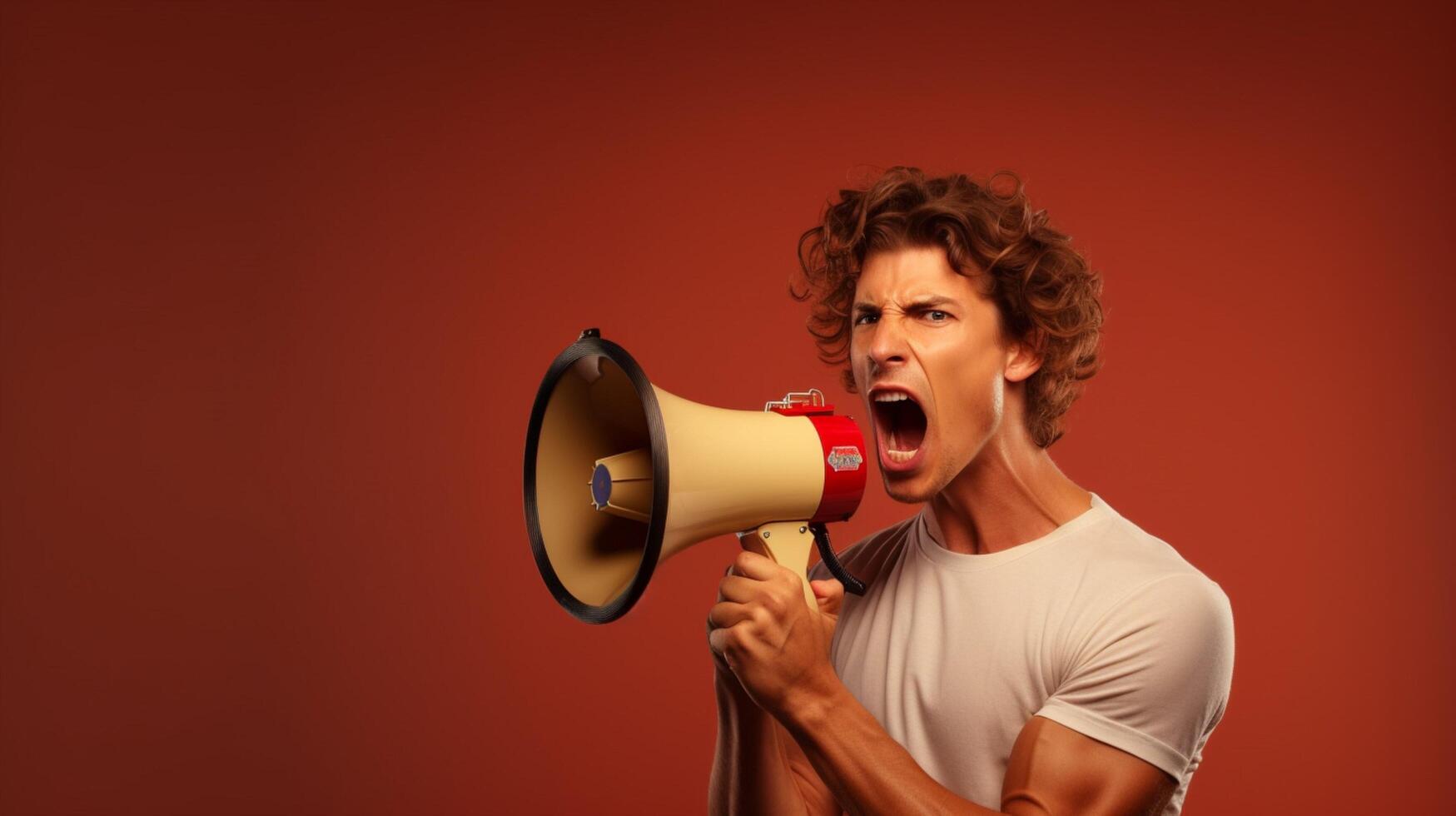 AI generated man holding megaphone standing on Tan background photo