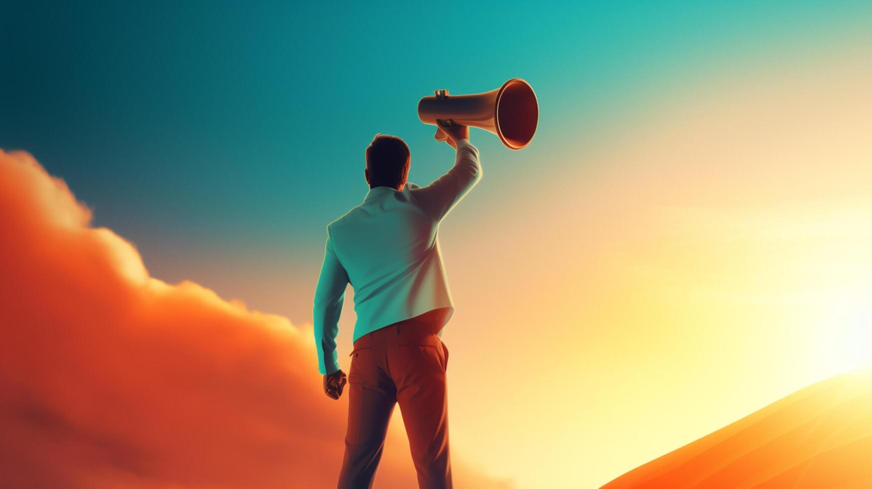 AI generated man holding megaphone standing on Topaz background photo