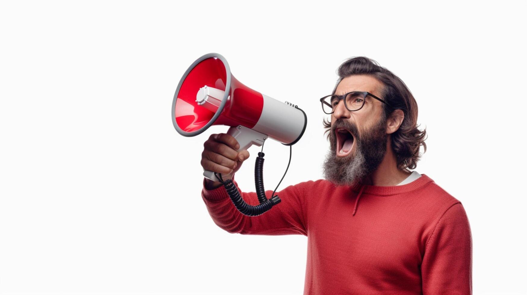 AI generated man holding megaphone standing on White background photo