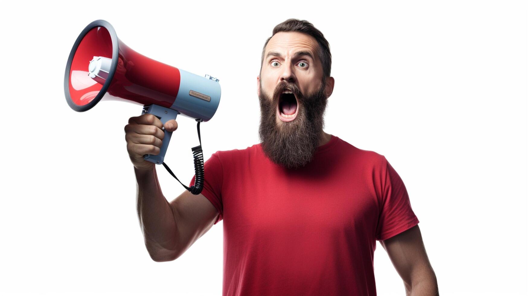 AI generated man holding megaphone standing on White background photo